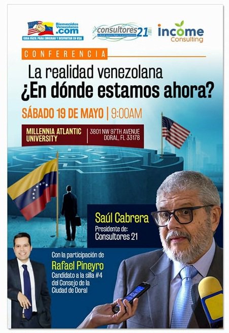 Nuestro presidente Saúl Cabrera estará participando el próximo sábado 19 de mayo en una conferencia en la Millennia Atlantic University, sobre la realidad venezolana.  #Consultores21
