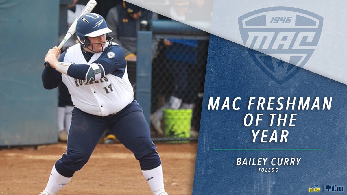 MACSports's tweet photo. Toledo’s @Bailey_Curry11 is your 2018 MAC Freshman of the Year! Curry led the conference in batting average (.452) during MAC play &amp; ranked second in both hits (33) and on-base pct. (.551). #MACtion 🚀 https://t.co/Qd0Q5CjAdi