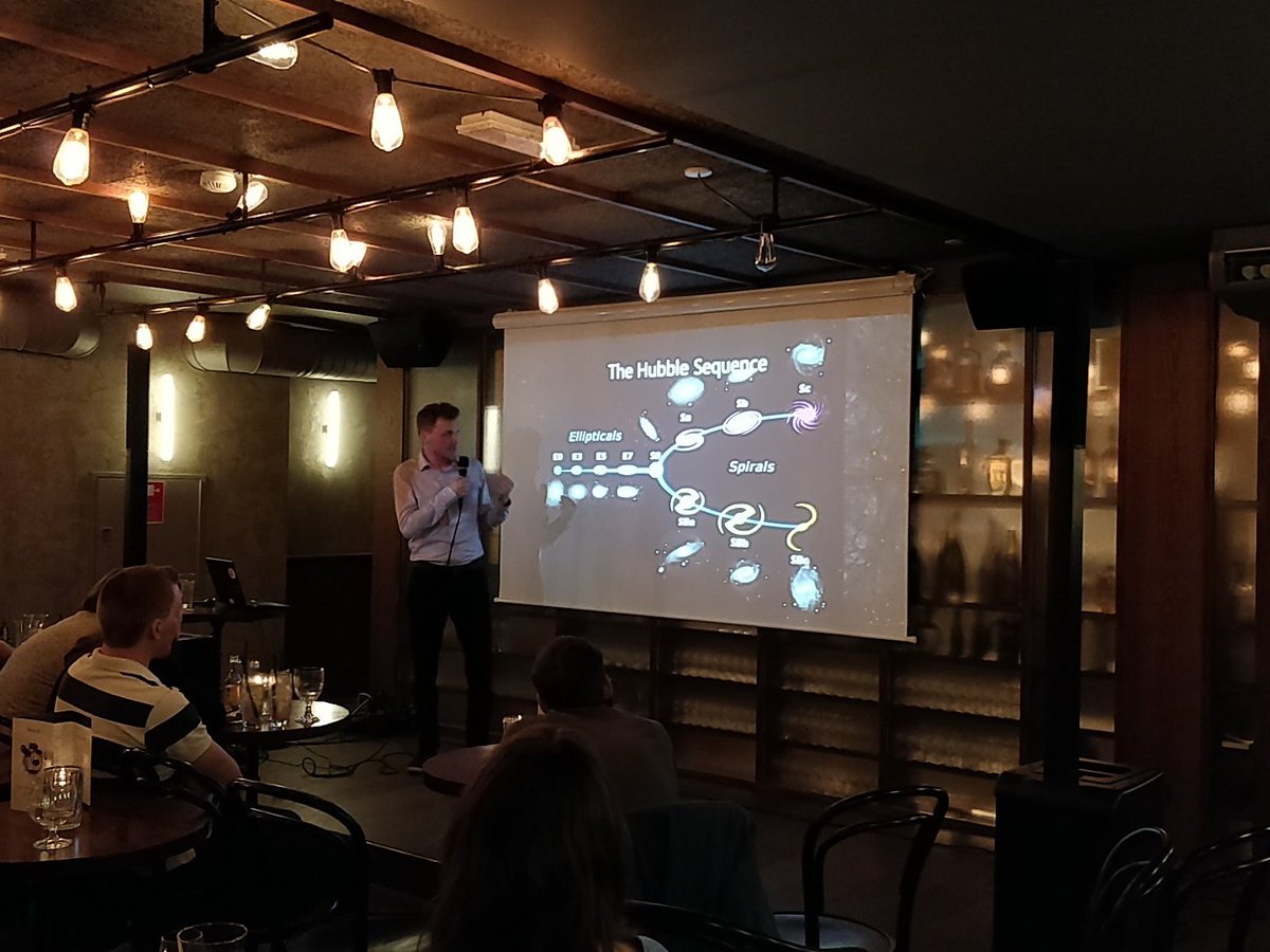 AoTAarhus's tweet photo. Science Communicator, Mikkel Kristensen introduces us to the Hubble turning fork, which helps astronomers navigate the large galaxy zoo ⭐ https://t.co/QpFQ359sJx