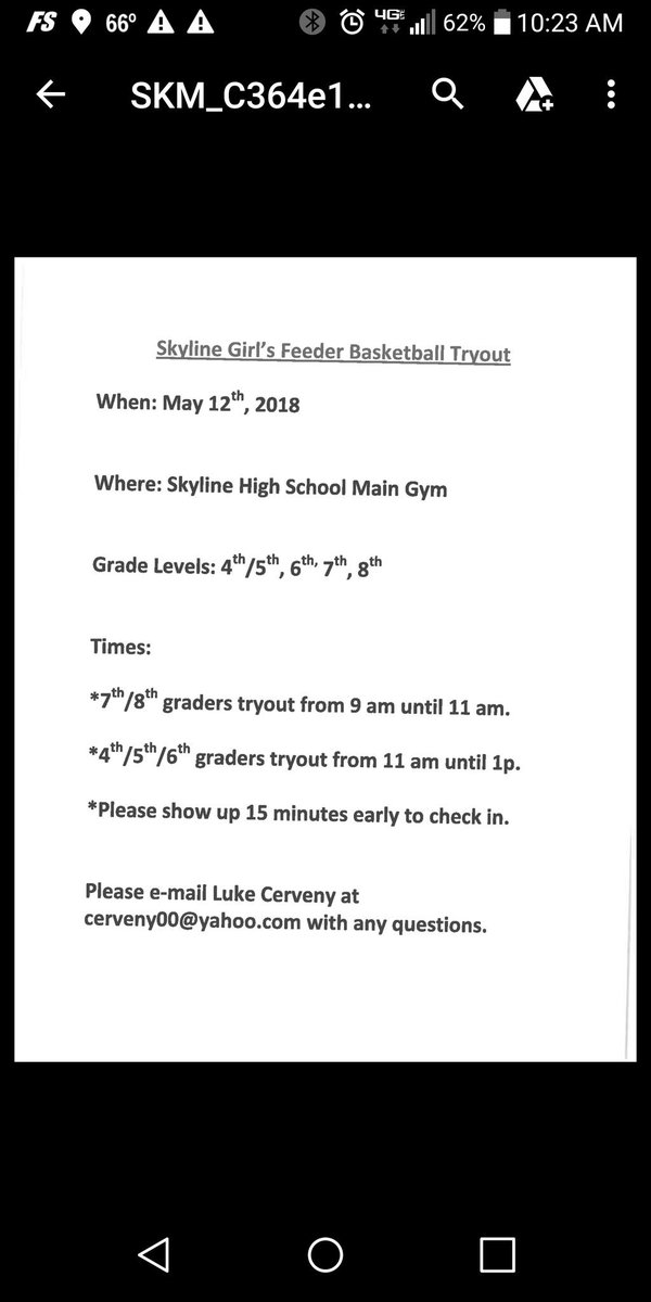 Skyline Girls Basketball Feeder tryouts!  Girls entering 4th through 8th grade in 2018/2019 school year come to main gym Saturday May 12th (see details below), games will start this summer!