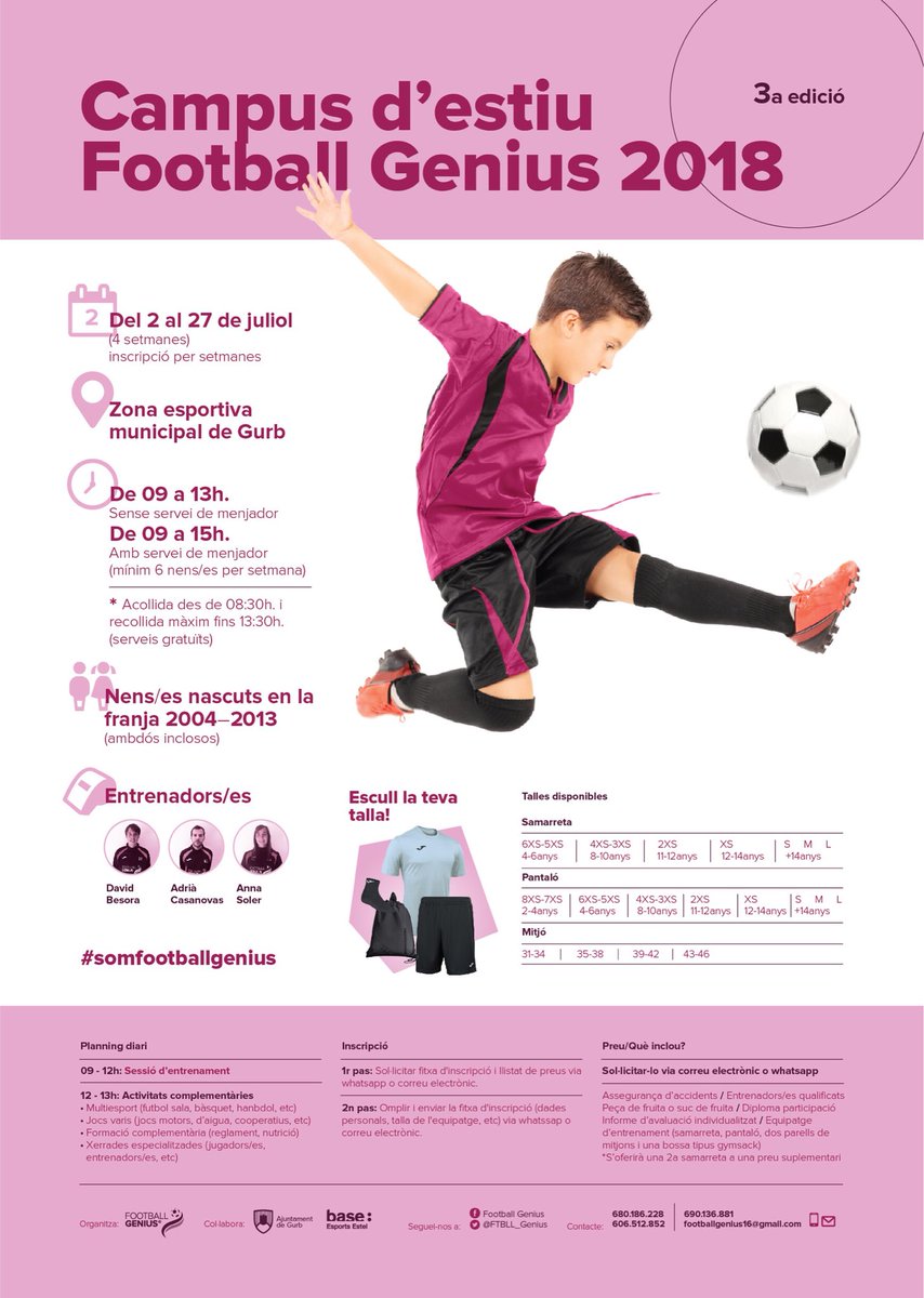 Un estiu més tria Football Genius!!! T’hi esperem!! Per més informació contacteu amb nosaltres via correu electrònic o whatsapp #somfootballgenius #somhi