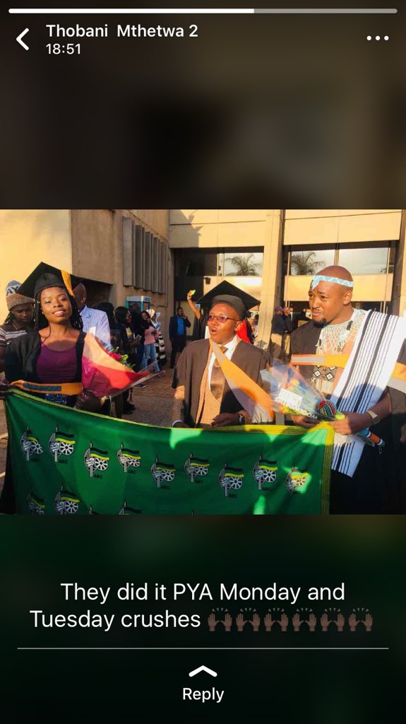 The ANCYL Tukkies Branch would like to congratulate all Comrades who graduated this week. 

It is clear that Academic Excellence remains the immediate mandate.

💚💛🖤✊🏽
#PYAComradesGraduate
#ChantAndPass