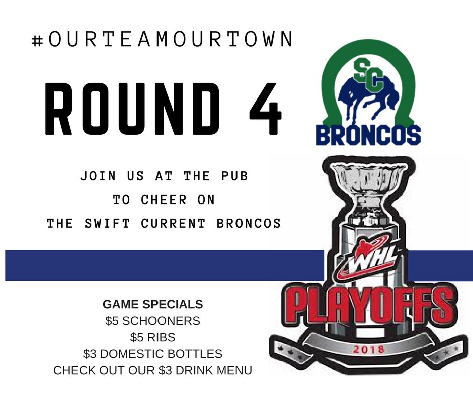 Come down to the pub and cheer on our <a href="/SCBroncos/">Swift Current Broncos</a> while they are on the road! #OurTeamOurTown