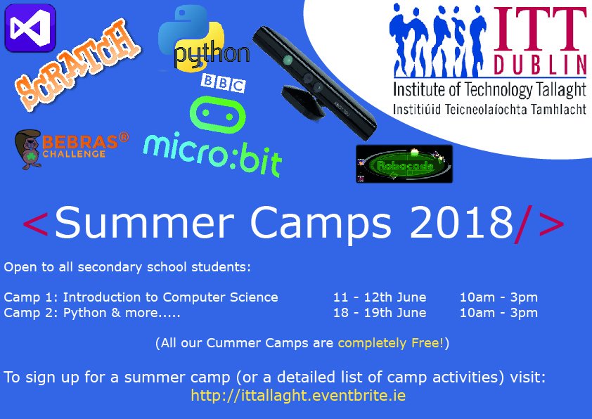 KQuille's tweet photo. @ittallaght are proud to announce its computer science summer camps for second level students. For the first time, we are running introductory and advanced camps for those students who would like a challenge (from our school visits this year)! Details https://t.co/non4FyPXwr https://t.co/JwtoQD9OQO