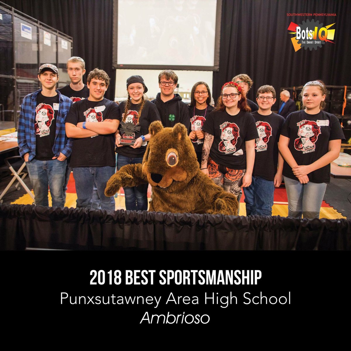 BotsIQSWPA's tweet photo. Congratulations to our 2018 Best Sportsmanship Winner: Punxsutawney Area High School - Ambrioso! This award was voted on by the students and was given to the team that was most cooperative & supportive of the other teams during the competition. #SWPABotsIQ https://t.co/Q1sBR6hOgw