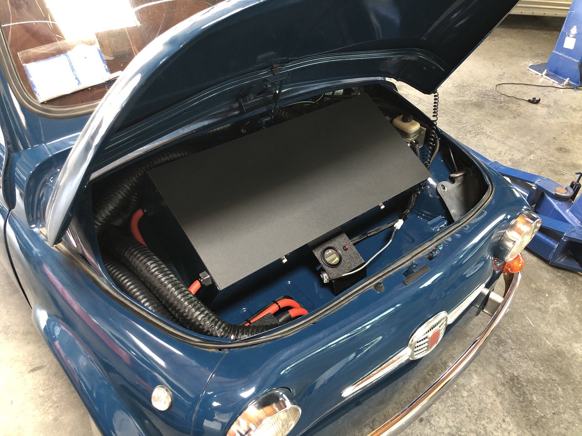 StealthEVDotCom's tweet photo. First range test in the 66 Fiat 500. 120 miles @ 65mph! We expect to see around 150 mile range city! This car runs amazing! Single speed gearbox! Kit available. @iconcustoms #norangeanxiety #fiat500giardiniera #tesla #electric https://t.co/y6opTIHQ0V