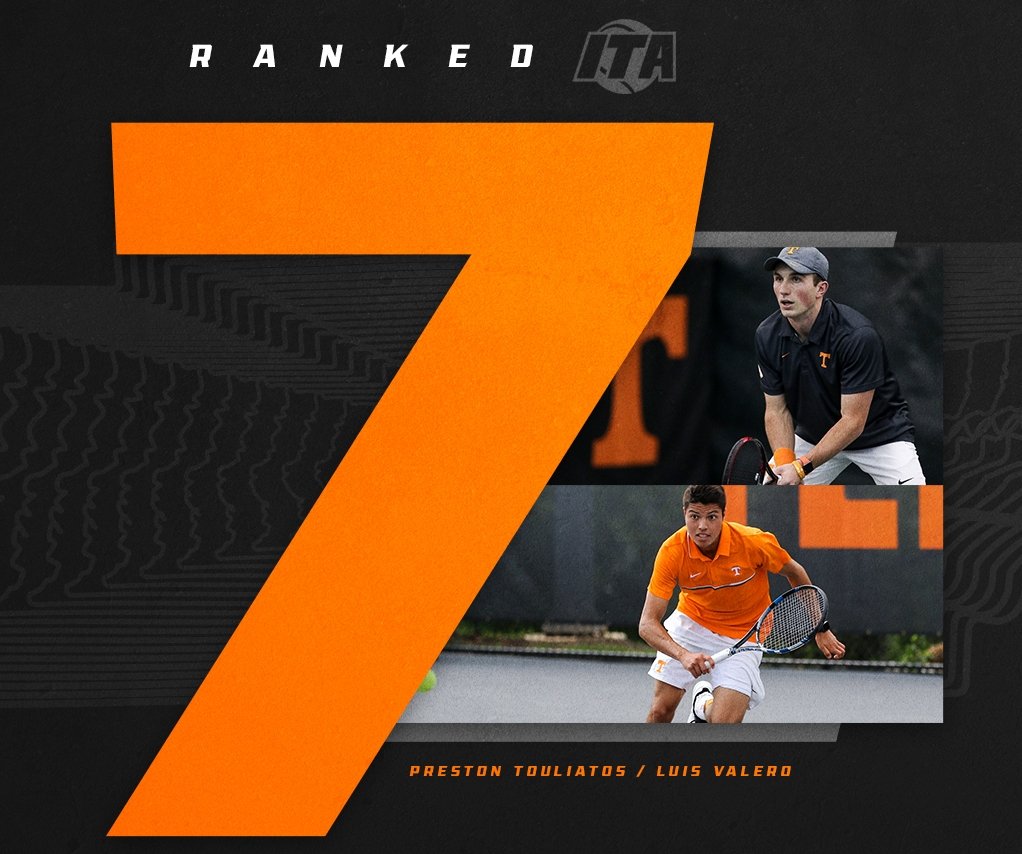 Vol_Tennis's tweet photo. Recently named All Americans @ptouliatos and Luis Valero have achieved their highest ranking as a duo in the latest @ITA_Tennis rankings, coming in as the 7th ranked team in the country! #GoVols 🍊🍊🍊 https://t.co/tQO5hwzgXT