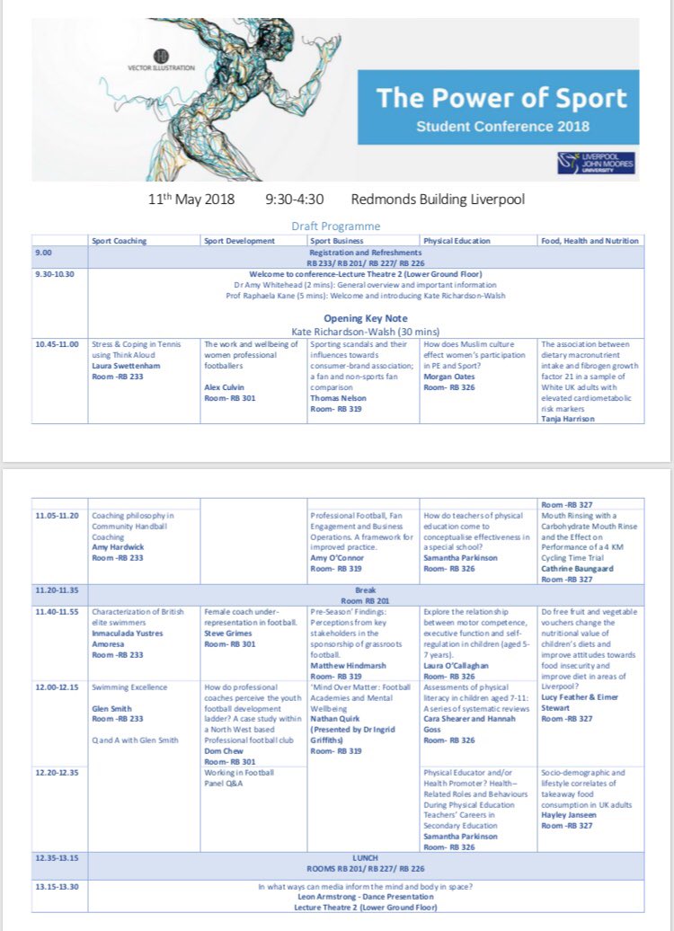 LJMUPower_Sport's tweet photo. We are so excited to welcome over 150 delegates to attend our conference on Friday 🤗 see our latest line up of exciting presentations. The inspirational @katewalsh11 headlining &amp; other amazing key notes. 48 hours left to register 👉🏼 https://t.co/uX3XwyjiWj https://t.co/tLxVVVeX85
