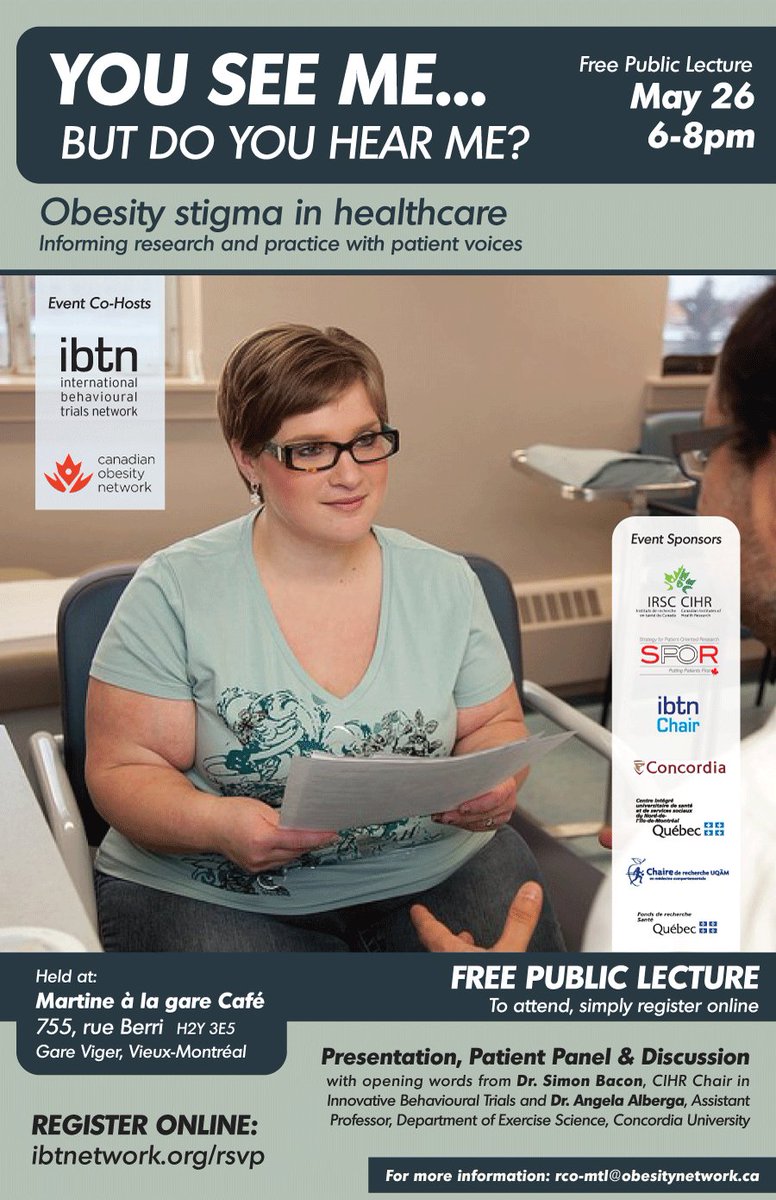 ConcordiaCCRH's tweet photo. Free public lecture on Sat May 26 @ 6pm. "You see me… But do you hear me? Obesity stigma in healthcare: Informing research and practice with patient voices" - co-hosted by @CanObesityNet &amp; @IBTNetwork. Featuring #CCRH Core Member @DrAlberga &amp; Associate Member @sbacon20 #Obesity https://t.co/8TwWXLYWy7