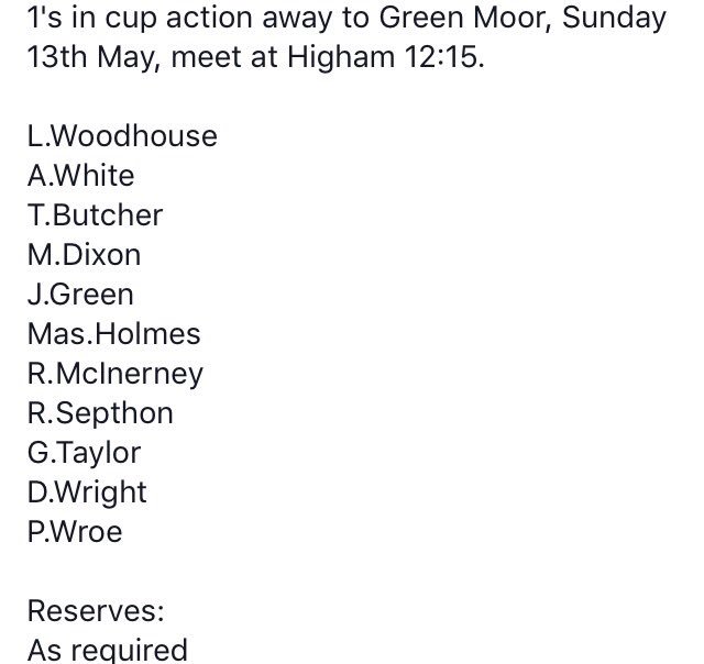 1's away in cup Sunday meet at Higham at 12:15.