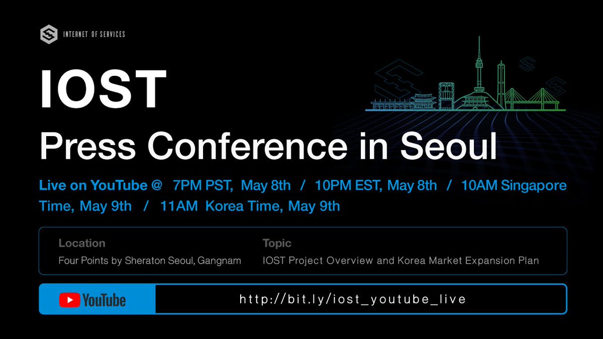 IOST_Official's tweet photo. Tonight from 7-9pm PST, #IOST will hold a press junket in South Korea with coverage from over 20 mainstream media outlets. During the junket, co-founders @jimmyzhong_iost and Sa Wang will introduce the media to #IOST and our technology!

Livestream here: https://t.co/OYJJKtXiOa https://t.co/VLxnU6Vq2V