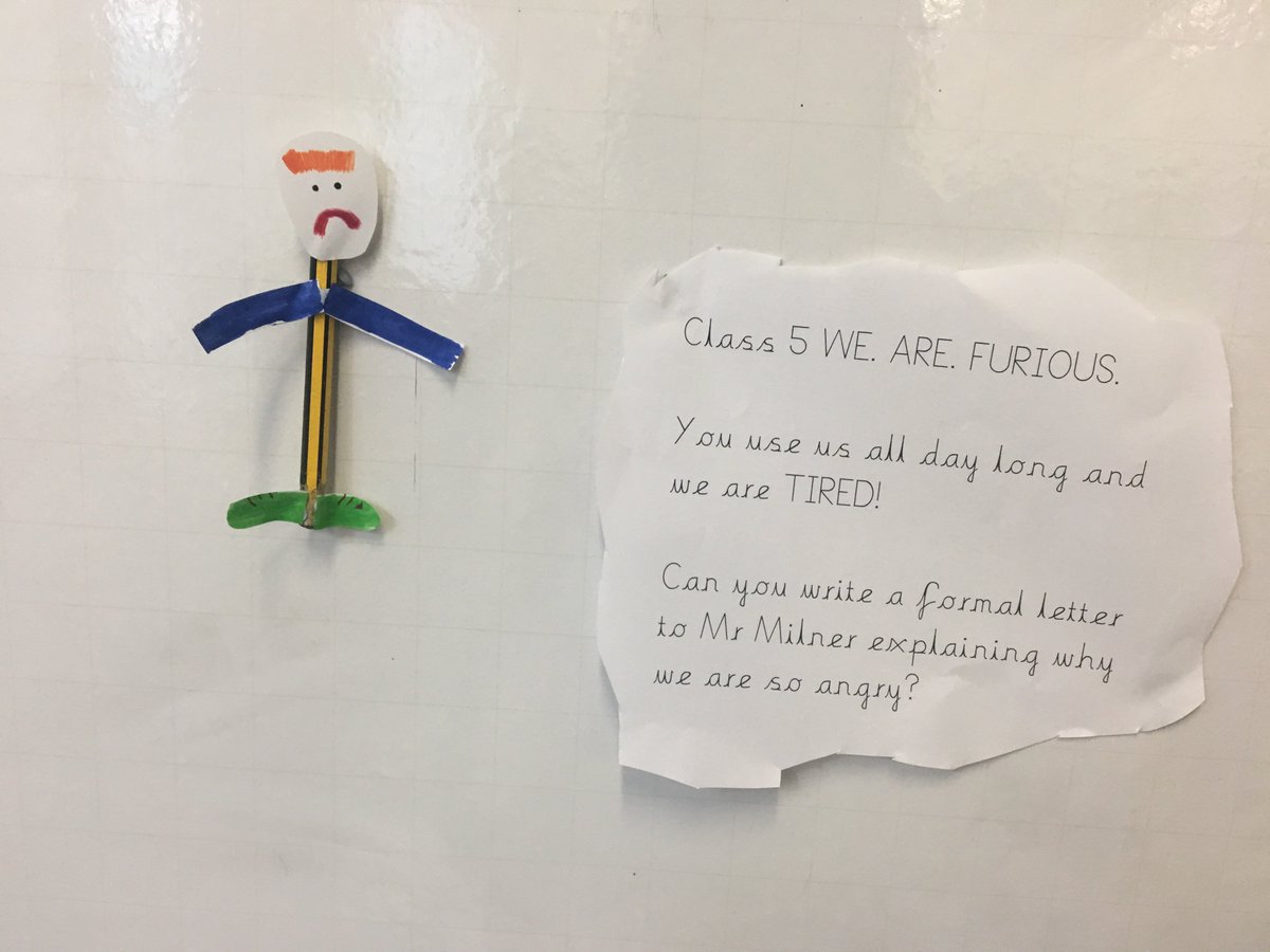 stgac5's tweet photo. After assembly, we came back to one angry pencil! We had lots of ideas as to why they might be so tired! Now we're ready to find out why the crayons quit too... https://t.co/PMEIxSK2Jb