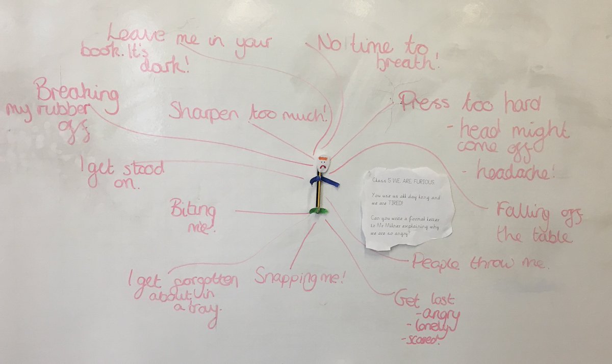 stgac5's tweet photo. After assembly, we came back to one angry pencil! We had lots of ideas as to why they might be so tired! Now we're ready to find out why the crayons quit too... https://t.co/PMEIxSK2Jb