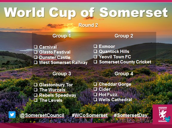 SomersetCouncil's tweet photo. Here are the groups for Round 2 of the World Cup of Somerset #WCoSomerset
What a line-up! Some classic head-to-heads that show what an amazing county this is. Twitter poll voting starts 7.30am tomorrow. Make your vote count.
#Somersetday @SomersetDay @Visitsomerset @VisitEngland https://t.co/K4c3NtUIEG