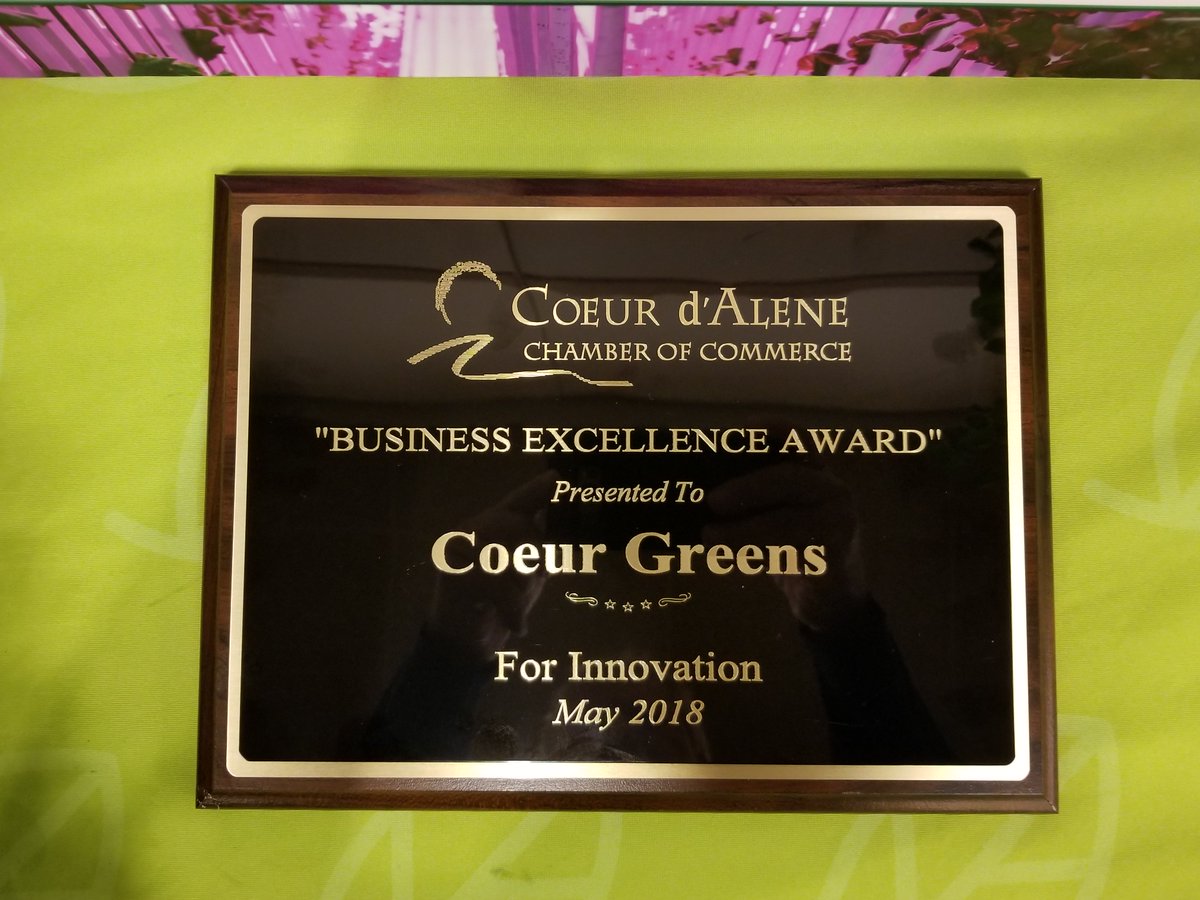 CoeurGreens's tweet photo. Congrats to the Coeur Greens Team Kelly and Drew on receiving the "Business Excellence Award" for Innovation today from the Coeur d'Alene Chamber of Commerce #idahopreferred #realfood #idahoag #verticalfarming https://t.co/5lTAvjDD86