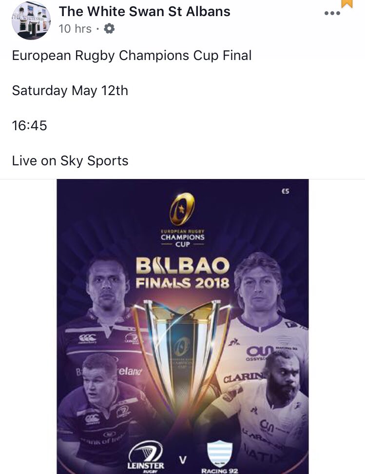 European Cup final for Leinster this weekend. The White Swan in St Albans is showing it on 5 screens
