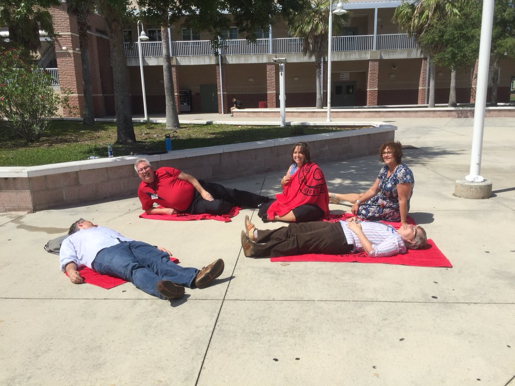 KarenMChenoweth's tweet photo. Day 2 of Teacher Appreciation Week: fun superlatives, perfect atttendance awards, first year teacher accomplishments, and Cuda beach towels! Might as well start on our tans in the courtyard! 😎 Thank you Ts for your amazing work with the students ! 🔴⚫️#ChoosingCudaLife https://t.co/WqEf9gdIvY