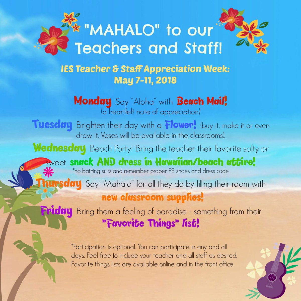 It’s Beach Party Day tomorrow - you can bring your teacher their favorite snack! 🏝