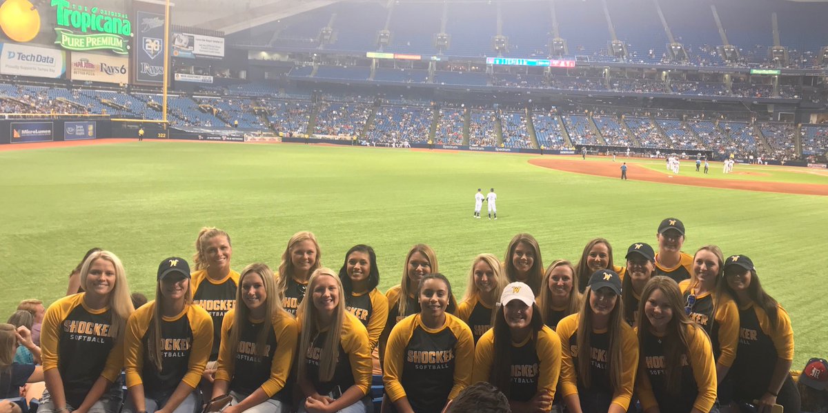 CoachBredbenner's tweet photo. 🖤💛 @GoShockersSB enjoying a @RaysBaseball at Tropicana Field. @American_SBall Tournament starts on Thursday at USF. Let’s go!!!! #watchus #ridethetrain #Release #ToughTs 🚂🌾⭐️ https://t.co/vENyRUdY2x