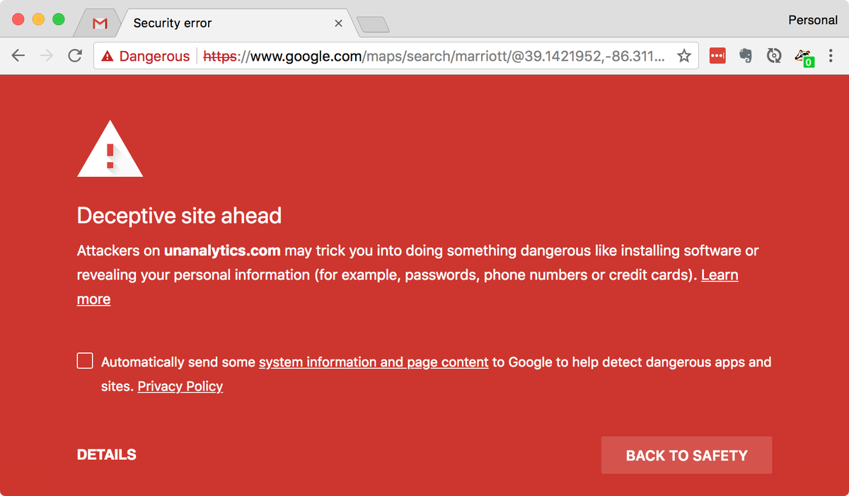 Screenshot showing that Google Chrome has tagged www.google.com as dangerous.