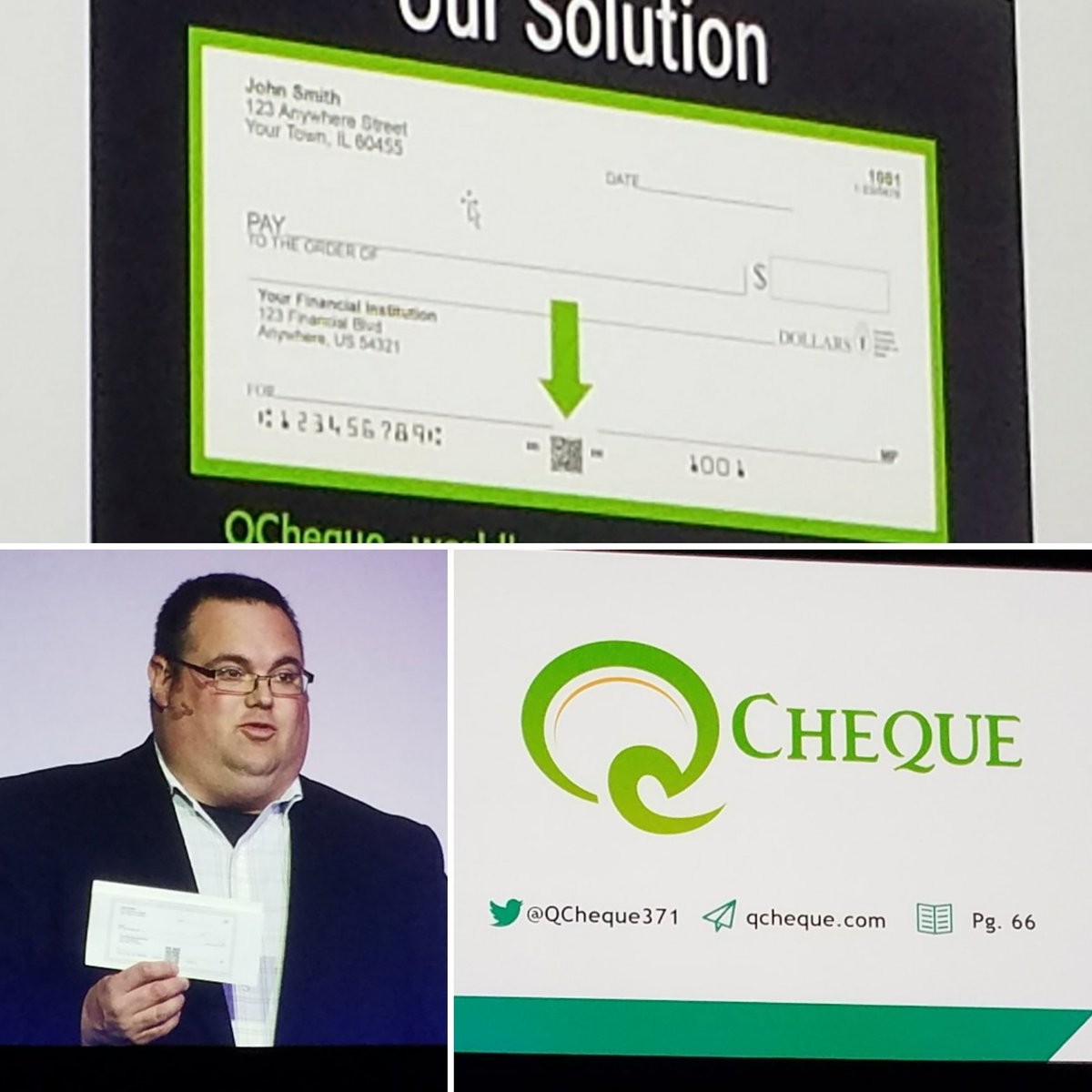2MinuteFinance's tweet photo. @QCheque371 replaces account numbers on bottom of paper check with a QR code. More for business, but would be cool if consumers had access. #finovate #fintech https://t.co/at3xqZiWMX https://t.co/v7arVxfUIf