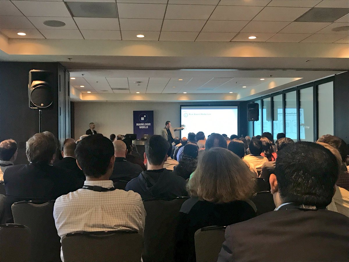 PDataPlatform's tweet photo. Full room at the How to Secure and Share Sensitive Info session at #MLW18. @cvbmilani &amp; @grechaw discuss how to anonymize or redact info when sharing #data. #NoSQL https://t.co/1OA3Sf8D40