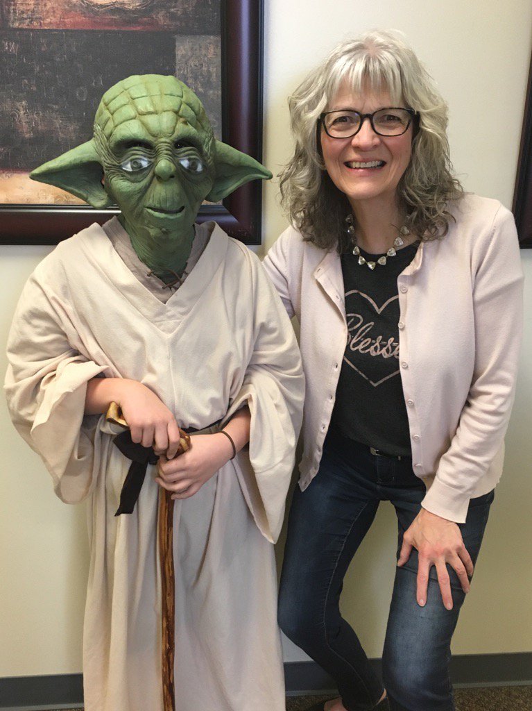 SCAElementary's tweet photo. The Fourth was with Ms. Janzen last Friday, she had a chance to hang out with Yoda! It has us wondering - who is the teacher and who is the apprentice? #StarWarsDressUpDay #muchwisdom #masterandapprentice #jediandpadawan #MayTheFourth #eips #SCAElementary https://t.co/w4a9eUCXtn