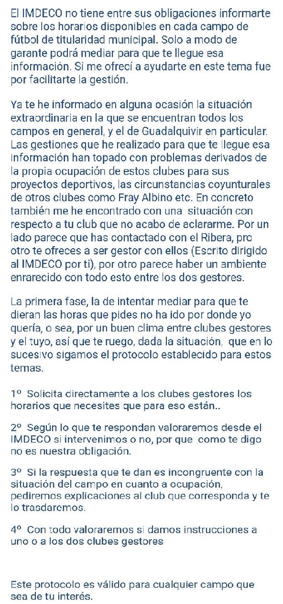 HABRÁ QUE SEGUIR PELEANDO, ESTA ES LA RESPUESTA QUE NOS TRANSMITE EL IMDECO POR PEDIR HORAS DE ENTRENAMIENTO PARA NUESTROS JUGADORES/AS, DESPUÉS DE QUE ANTONIO ROJAS NOS RECOMENDARA PODER LICITAR POR LA INSTALACIÓN MUNICIPAL Y RECIBIMOS UN CORREO QUE NO ENTENDEMOS, A SEGUIR