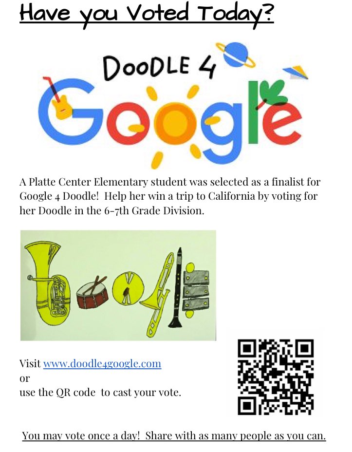 Go to doodle4google.com to support the Nebraska state winner by voting for her Doodle!  Retweet to get the word out!  #lakeviewvikes