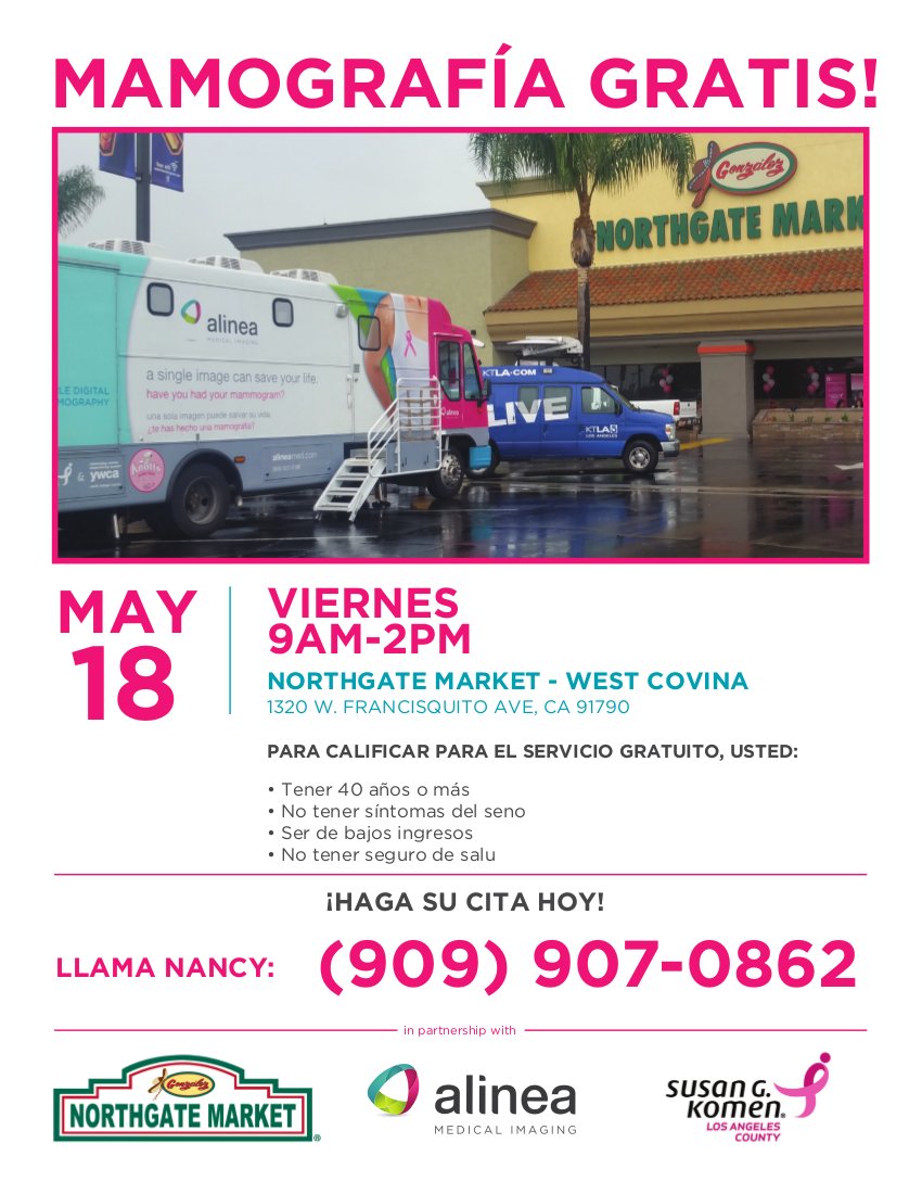 alineamedical's tweet photo. Thanks for the mention! komenla: TODAY: to provide more women w/ No-Cost Mammography, we've partnered w/ @NorthgateGlzMrk &amp; @alineamedical to provide screenings in LA. If you are 40+, have no med insurance, &amp; haven’t received a mammo within the last yr –… https://t.co/5TK62WhDwh