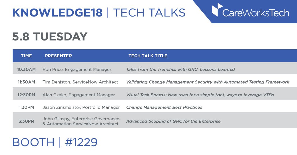 CareWorksTech's tweet image. Come by for the next #TechTalk at the @CareWorksTech booth (#1229)! "Advanced Scoping of GRC for the Enterprise" with John Gilaspy at 3:30pm!

#Know18 #Knowledge18 #ServiceNow @servicenow