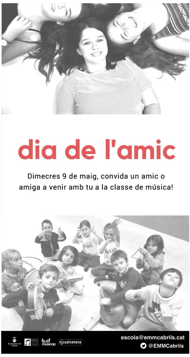 EMMCabrils's tweet photo. Demà dimecres, dia 9, recordeu que fem el dia de l'amic.  Podeu portar un amic o amiga amb vosaltres a la classe de música! Us esperem a tots! https://t.co/vOKAJQQY4m