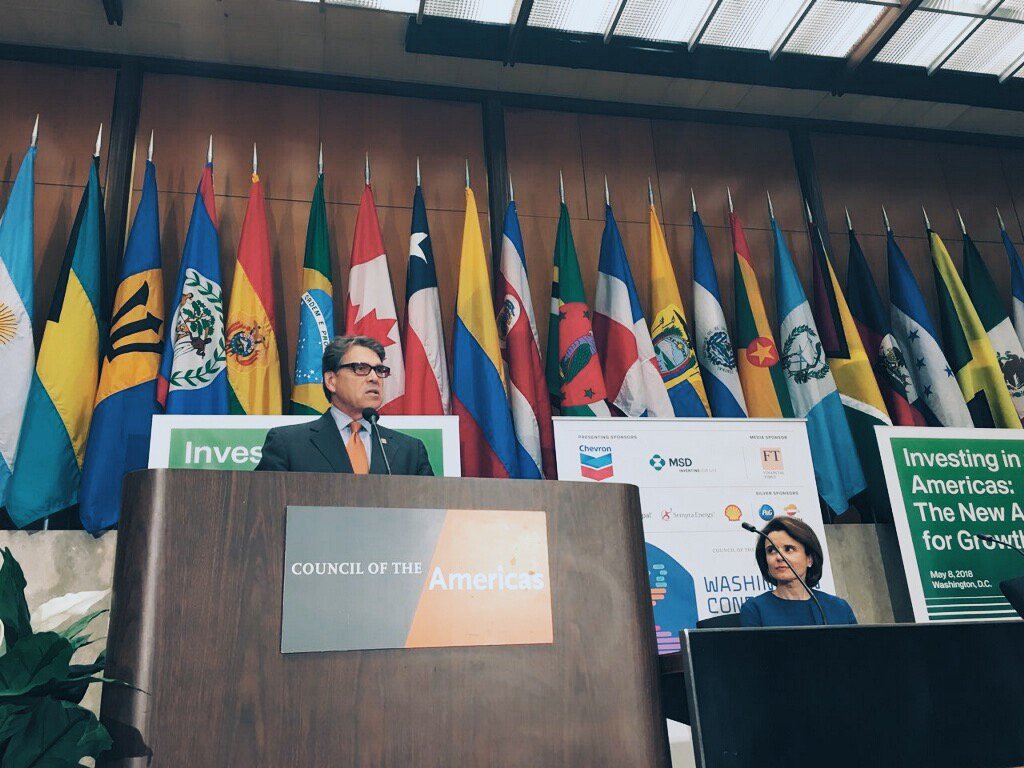 SecretaryPerry's tweet photo. The Americas are safer today because as a whole we’re producing more energy. America’s new role as an energy exporter increases energy security for our hemisphere so we no longer have to rely on bad state actors. Thank you @ASCOA for the opportunity to speak today. #2018WCA https://t.co/TVDA3qseIX