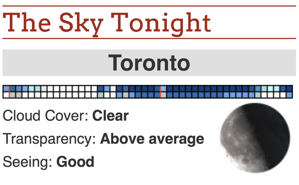 RASCTC's tweet photo. The sky tonight for Toronto looks good! No clouds, above average transparency, and good seeing conditions. Also, Jupiter is in opposition. #cloudcover #seeinggood #transparency #transparencyaboveaverage #toronto #clearskies #jupiter https://t.co/veHdUT69rH
