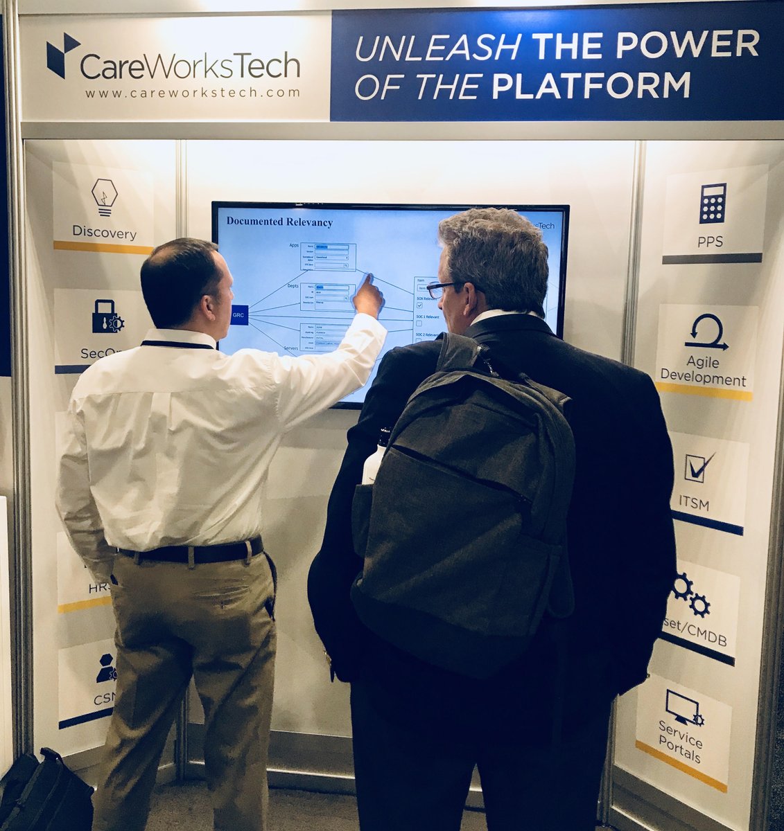CareWorksTech's tweet image. John Gilaspy presenting at our booth today discussing #GRC! Come by tomorrow to join another GRC #TechTalk session with John at 4:30PM! #Know18 #Knowledge18 @servicenow