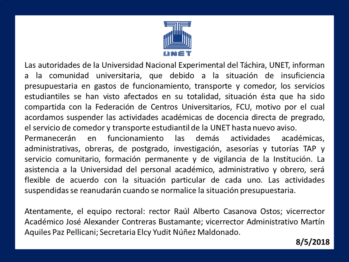 UNEToficial's tweet photo. Las autoridades de la UNET informan sobre suspensión de actividades académicas: https://t.co/x4nGz50mge