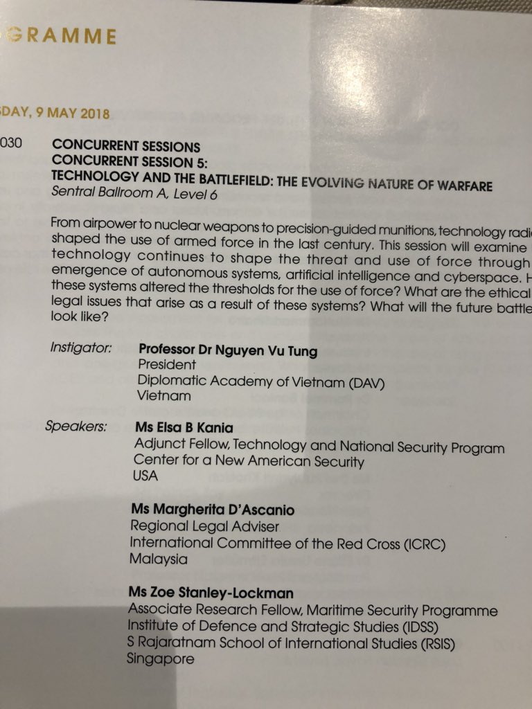 davidcapie's tweet photo. Fascinating - if disturbing - #32APR (all female) panel on technological, ethical and legal challenges posed by AI, robotics and technological revolution on the battlefield. Great speakers & kudos to @ISIS_MY for having panel on this important theme. https://t.co/KJ6kdcaiVW