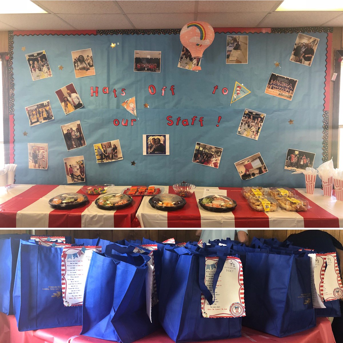 AlexanderElemen's tweet photo. Teacher appreciation week at AES is off to a Seusstastic start! Thanks to our community partners for helping us spoil our teachers this week! We are so thankful for everything they do! #AbsolutelyAlexander #TeacherAppreciationWeek2018 🦅💙💛 https://t.co/zvtvxlUJF8