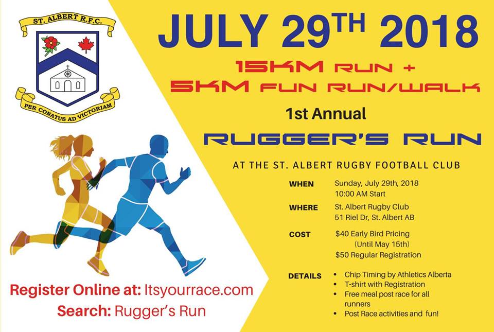 StAlbertRugby's tweet photo. Have you registered for our 1st Annual #RuggersRun? 15 kms though the St Albert River valley (or 5 km fun run/walk) starting and ending at the #SARFC clubhouse. Race starts at 10 am on July 29th #yegrun #runyeg #raceeverything 
Register here: https://t.co/6XH551jerh https://t.co/esDN10NRSd