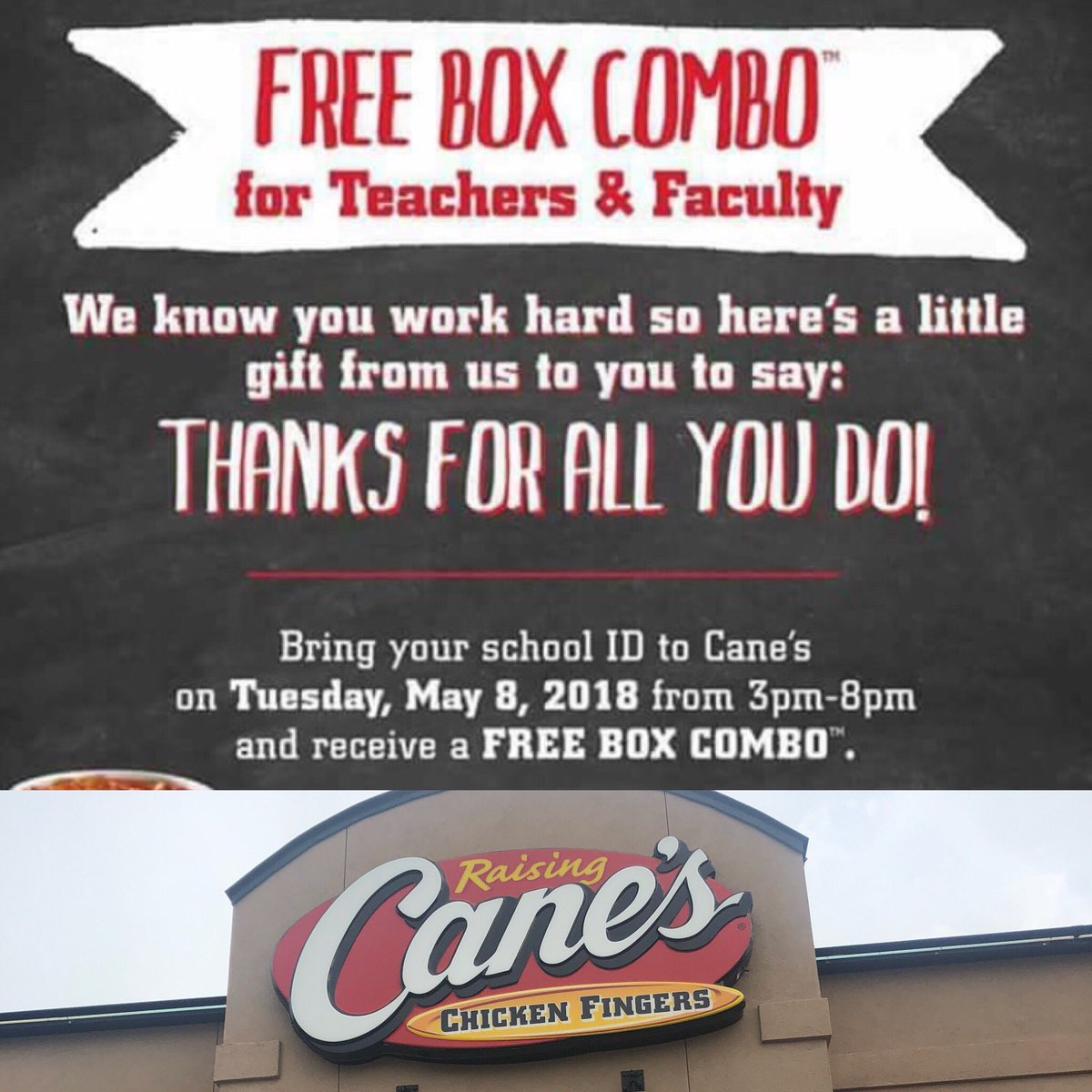 heymrtran's tweet photo. @Raising_Canes Thanks for the free Box Combo for Teacher Appreciation Day! https://t.co/BKrgapYKmA