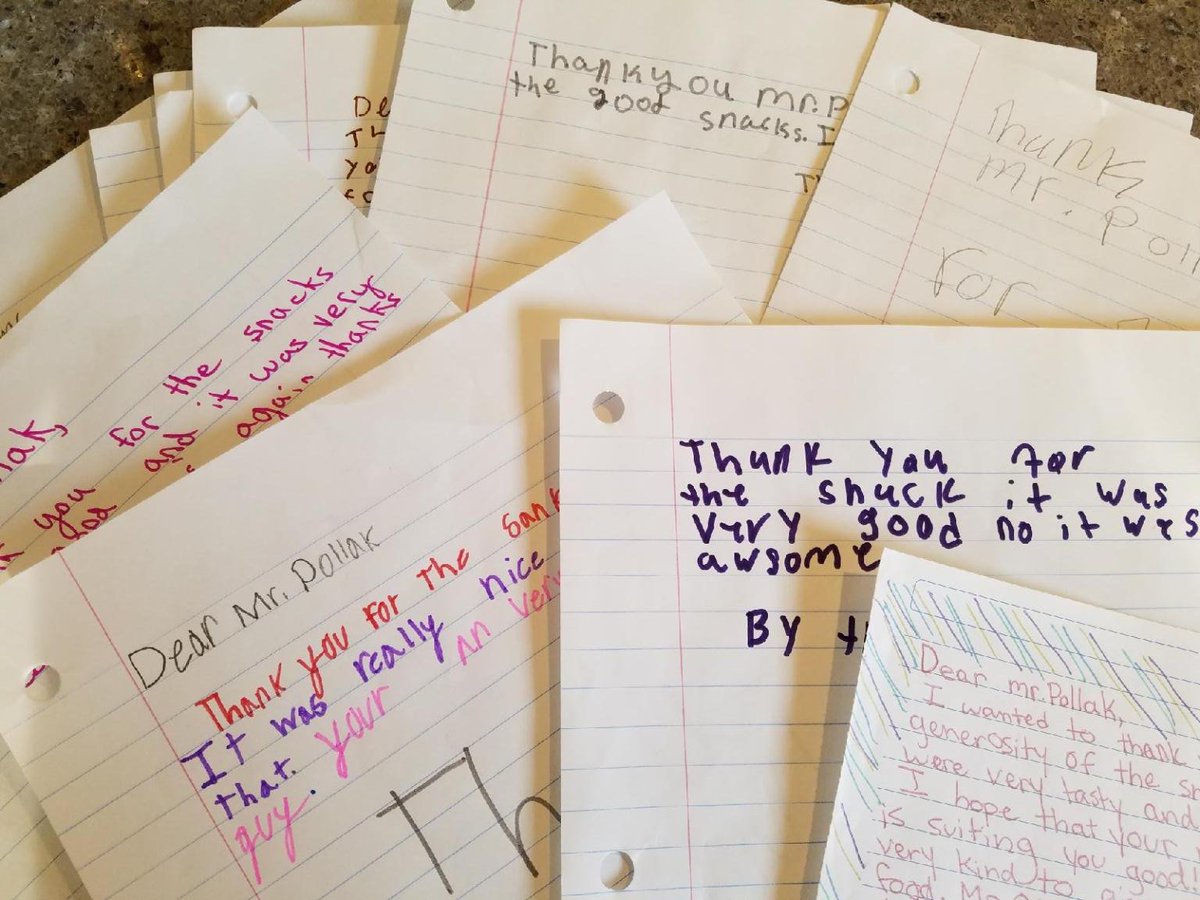 PollakVending's tweet photo. Pollak Vending donated a box of pretzels to an elementary school class and just received these awesome thank yous from the kids. How sweet. https://t.co/1bAuae4MO2