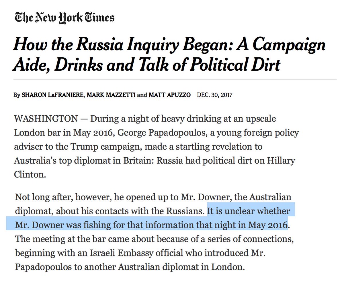 ALEXANDER DOWNER’S 2016 "chat" with GEORGE PAPADOPOULOS at the Kensington Wine Rooms about Cypriot JOSEPH MIFSUD & "Hilary emails" allegedly sparked the FBI's July 2016 counterintel investigation. DOWNER *initiated* that chat & even the  @nytimes concede he may have been "fishing"