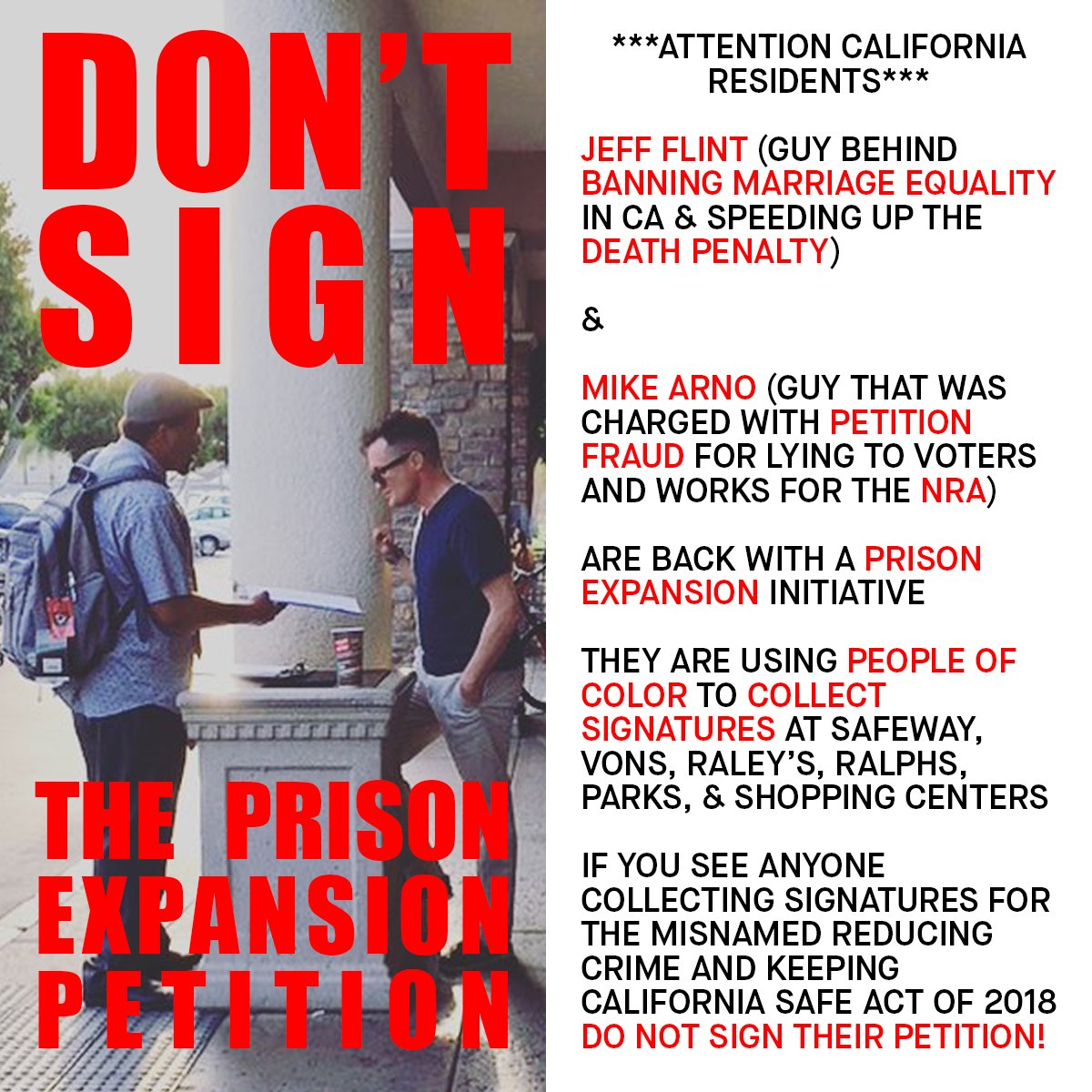 PICOcalifornia's tweet photo. The signature gathering operation for the misnamed Reducing Crime & Keeping California Safe Act of 2018 is being run by Michael Arno, a guy charged with petition fraud for lying to voters and works for the @NRA. CA voters don’t be misinformed and don't sign the petition! https://t.co/qk7qgyjROX