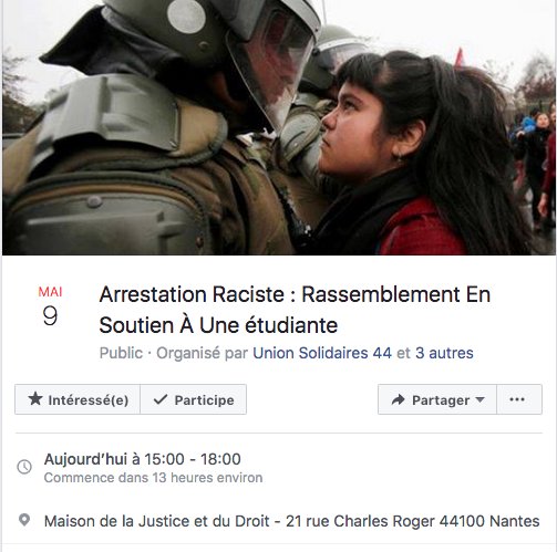 DesRacine_e_s's tweet photo. Nous relayons l'appel au rassemblement MERCREDI 9 MAI À 15H, 
de nos camarades nantais.e.s du collectif antiraciste Racine suite à l'arrestation RACISTE d'une étudiante en avril dernier.

évènement facebook : 
https://t.co/Q61Vwkho5J https://t.co/WeQUZsEC0C