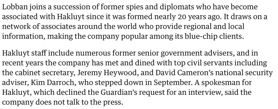 Hakluyt also have contacts high up in the British govt. e.g. in recent years, staff seen "dining" with SIR JEREMY HEYWOOD (Cabinet Secretary, the top civil servant), & meeting with the then National Security Advisor KIM DARROCH**A peer of CHARLES FARR:  https://twitter.com/JohnWHuber/status/989243767084503041