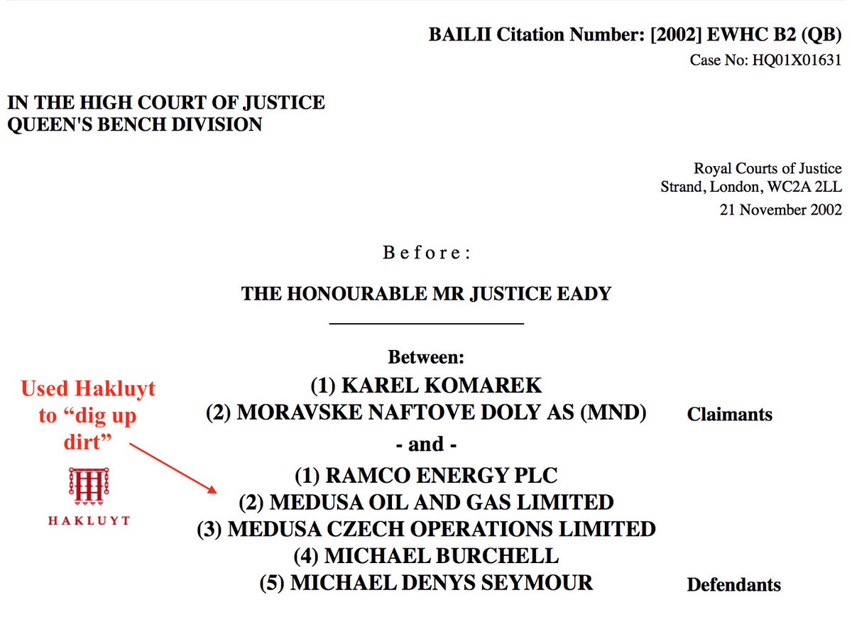 In 2000, founder MIKE REYNOLDS & Hakluyt were paid to "dig up dirt" against a client's corporate rivals (one of them based in the Czech Republic). Hakluyt produced a document of "BULLET POINTS" with "grave allegations", inc. corruption and even *murder*:  http://www.bailii.org/ew/cases/EWHC/QB/2002/B2.html