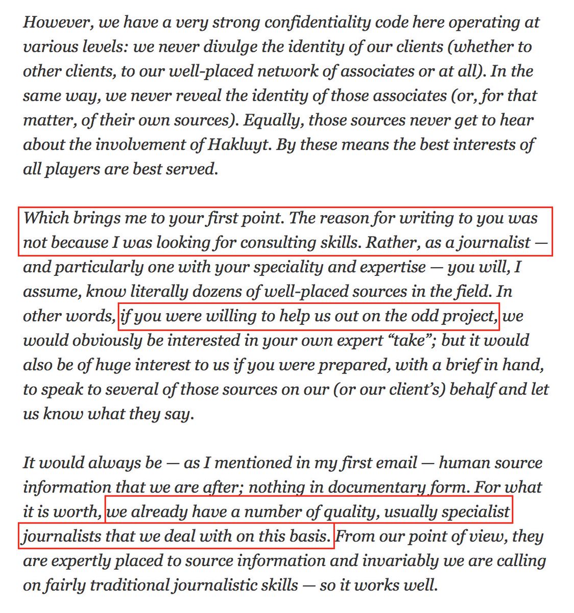 Hakluyt tried to recruit Australian health journalist MELISSA SWEET in 2008. The recruiter even admitted in an email that many other journalists were ALREADY acting as confidential (possibly paid) go-betweens for Hakluyt:  https://webcache.googleusercontent.com/search?q=cache:eyP4debCrDIJ:https://www.crikey.com.au/2008/07/31/turning-journalists-into-spooks/