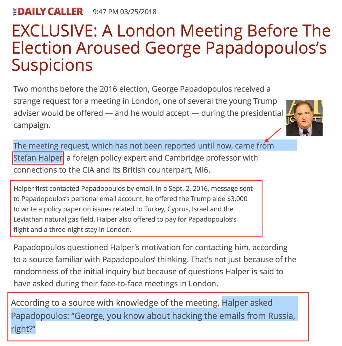 Like DOWNER, HALPER INITIATED a London meeting with G PAPADOPOULOS, picking up his flight+hotel expenses, meeting at the up-market Connaught & paying him $3K for a never published energy paper. HALPER was first to mention CLINTON emails:  http://dailycaller.com/2018/03/25/george-papadopoulos-london-emails/ (H/T  @ChuckRossDC)