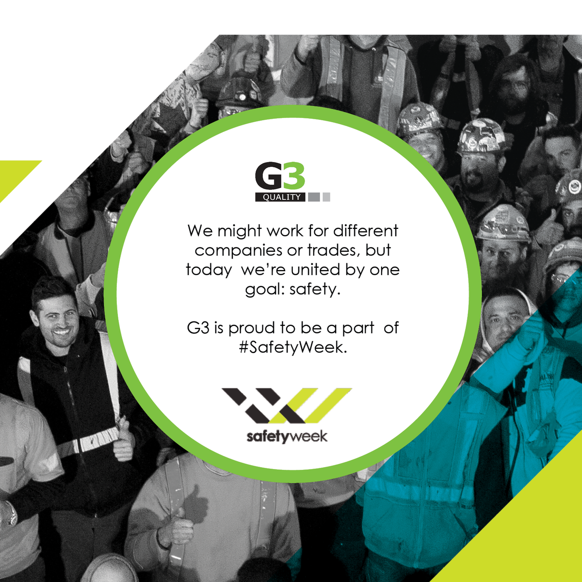 G3Quality's tweet photo. Safety Week 2018 is May 7-11. In honor of the event, G3 is applying the theme of "power of safe choices" in our daily work. Be sure to check out the Safety Week website for more details and how you can get involved: https://t.co/bBOUG7agtd #G3InTheField #SafetyWeek #G3WorkWithUs https://t.co/ucTdFPajFZ