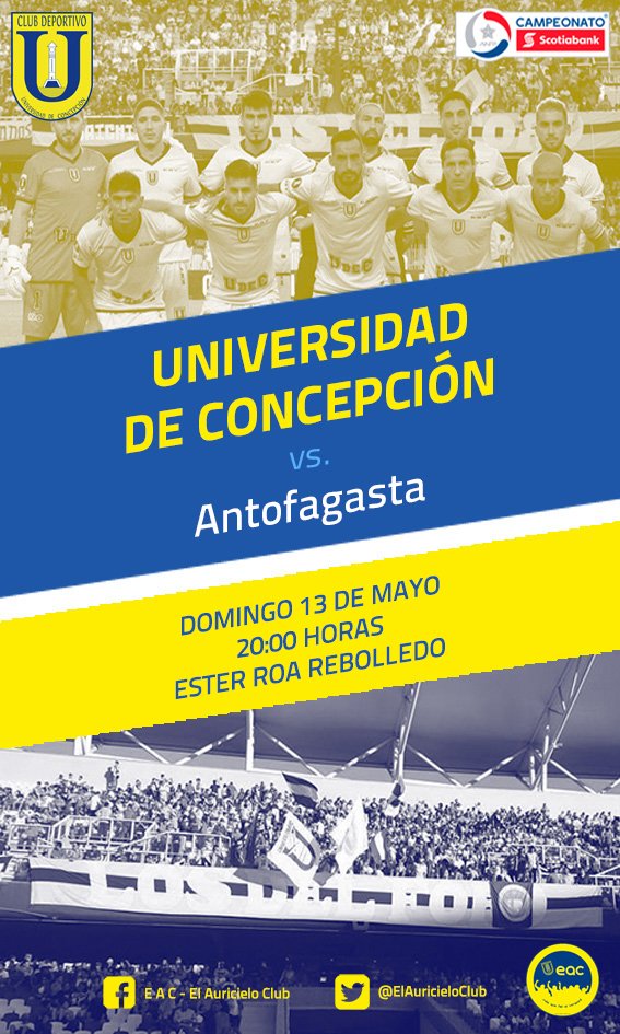 ElAuricieloClub's tweet photo. DOMINGO, por la 13ª fecha del #CampeonatoScotiabank2018:
#UDECONCEPCIÓN vs Antofagasta
20:00 horas
Ester Roa Rebolledo
#FUdeC #FútbolUdeC
#EAC
#SoyPenquistaSoyUdeC https://t.co/gmCMplOlkG